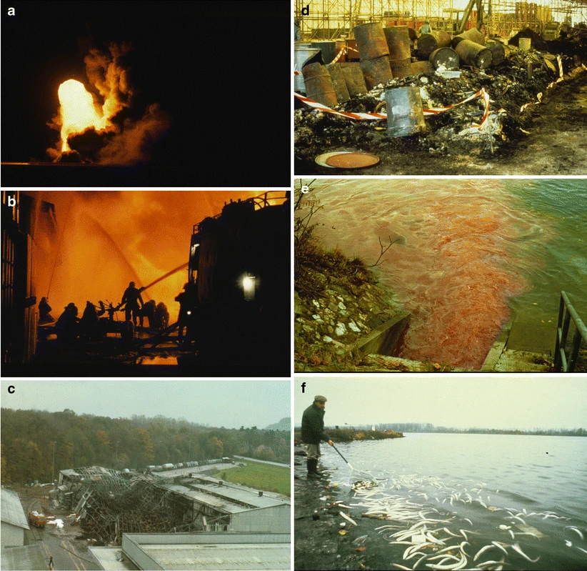 © Giger - Fig.1, various phorographs: a–f Photographs of the Schweizerhalle fire in November 1986. a, b The fire at warehouse 956 on 1 November 1986. c, d Warehouse 956 after the fire. e Cooling water outflow into the Rhine—discharge of contaminated fire-fighting water colored by the red rhodamine dye. f Fish mortality in the Rhine