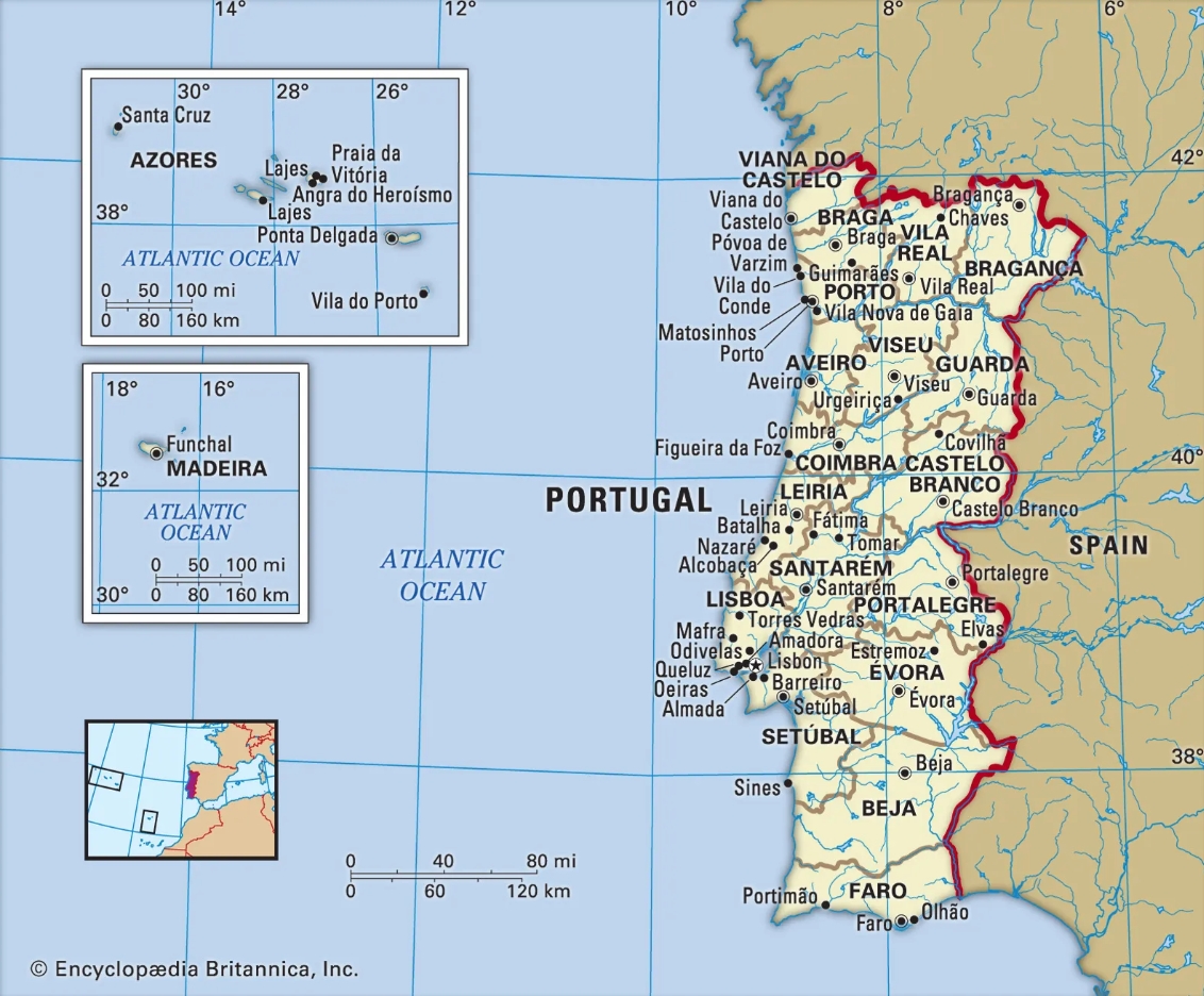 Portugal’s land borders; Source: https://www.britannica.com/place/Portugal